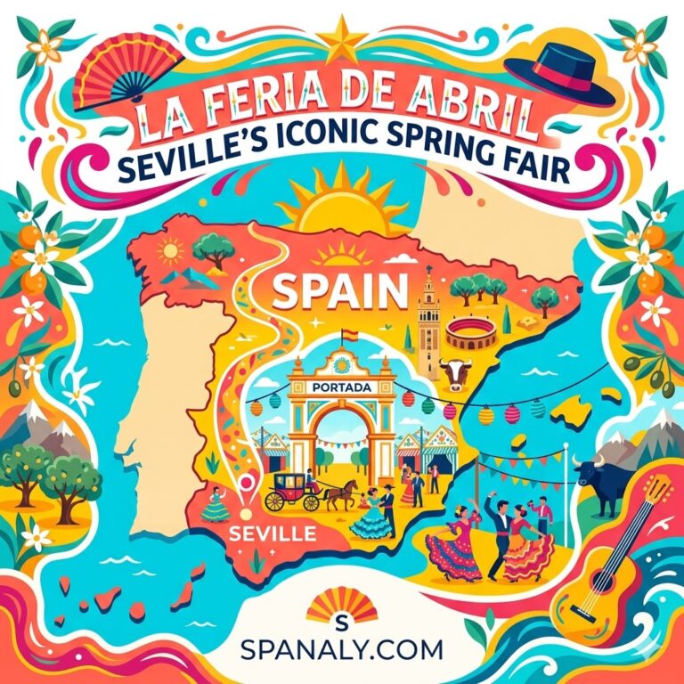 Epic infographic map of Spain highlighting Seville for La Feria de Abril, featuring the iconic Portada entrance, flamenco dancers, horse carriages, and traditional Spanish elements in a vibrant flat vector style by Spanaly.com