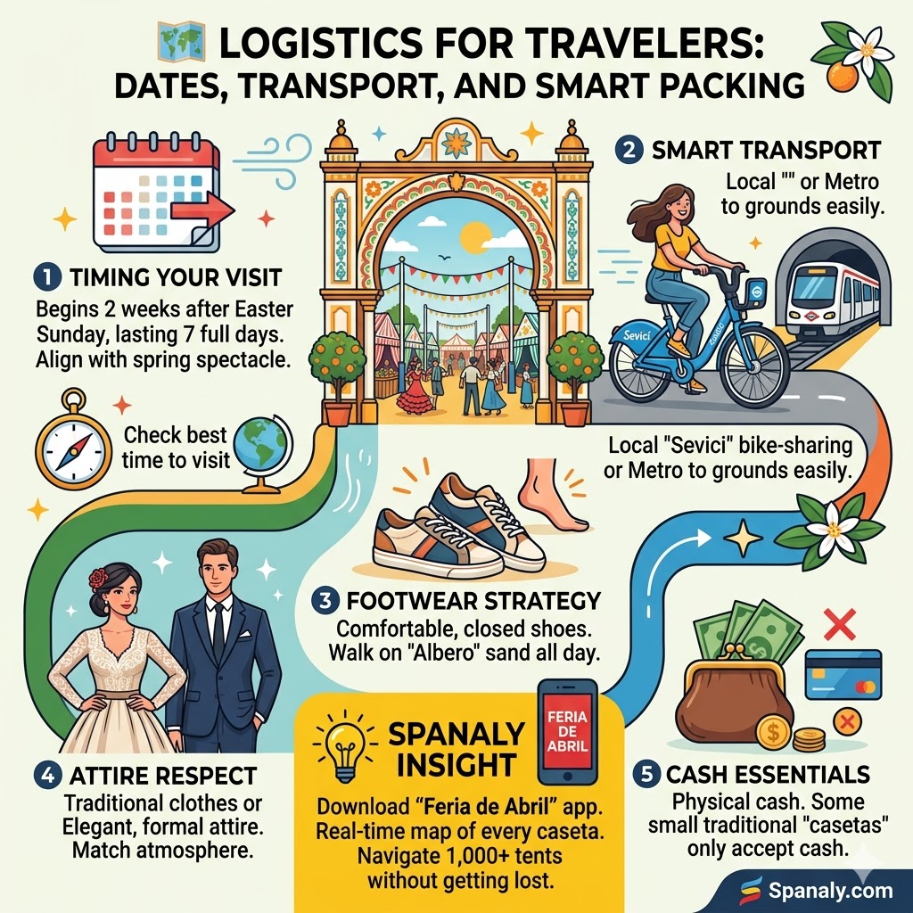 Infographic about Seville April Fair logistics, showing timing after Easter, Sevici bike transport, footwear tips for Albero sand, formal attire dress code, and cash essentials for casetas by Spanaly.com