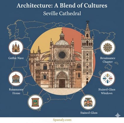 An educational infographic about the architecture of Seville Cathedral featuring a blend of Gothic and Renaissance styles with a map of Spain in the background and Spanaly.com logo.