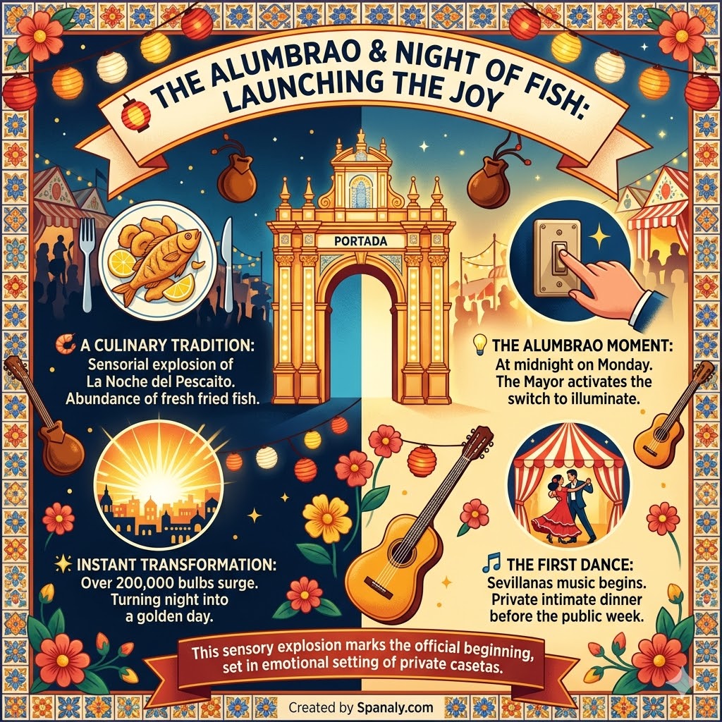 Infographic of Seville's Feria de Abril opening night featuring the Alumbrao lighting ceremony, the traditional Pescaito fried fish dinner, and the first Sevillanas dance.