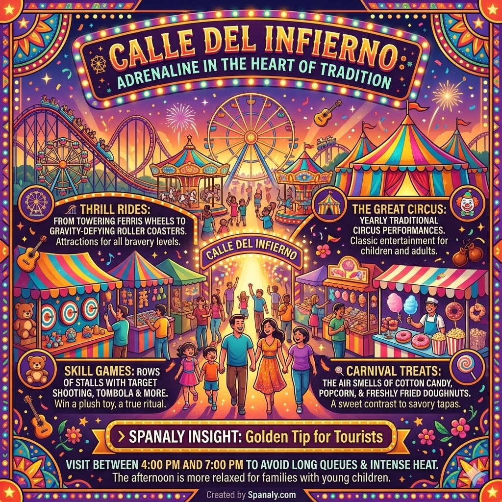 Infographic of Seville's Feria de Abril amusement park Calle del Infierno featuring a Ferris wheel, roller coasters, circus tents, and carnival treats with Spanaly's family visiting tips.