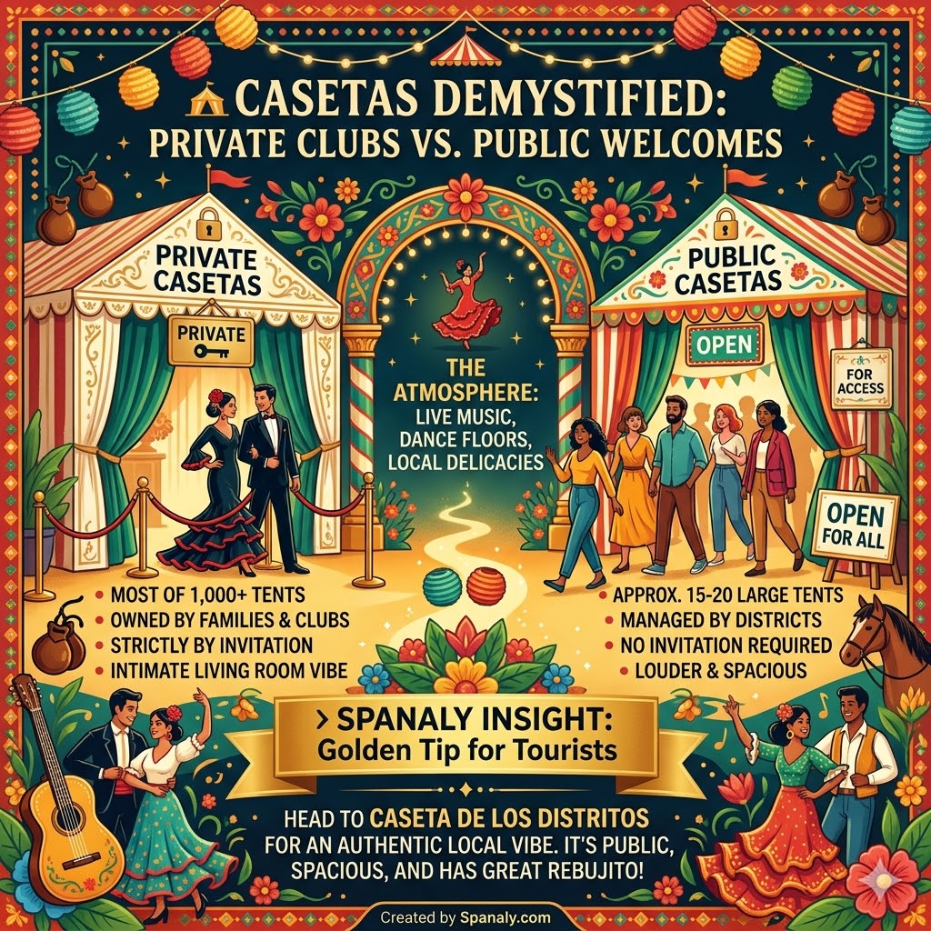 Infographic comparing private and public casetas at Seville April Fair, detailing entry requirements, atmosphere, and a Spanaly golden tip for tourists.