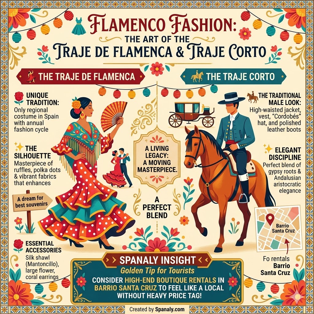 Infographic about Seville's Feria de Abril fashion featuring the Traje de Flamenca for women and Traje de Corto for men, with a Spanaly golden tip for boutique rentals.