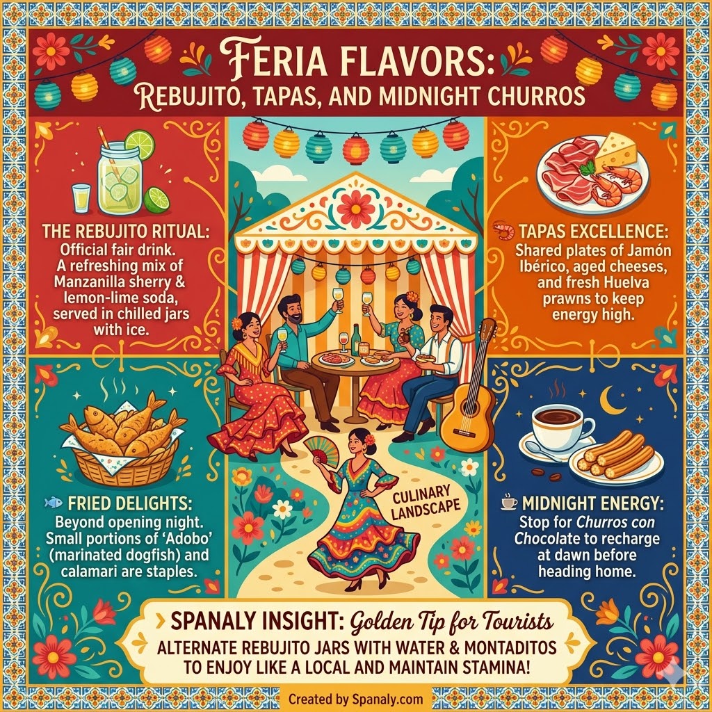 Infographic of Seville's Feria de Abril food and drink featuring Rebujito jars, Jamón Ibérico tapas, fried seafood, and midnight churros with chocolate.