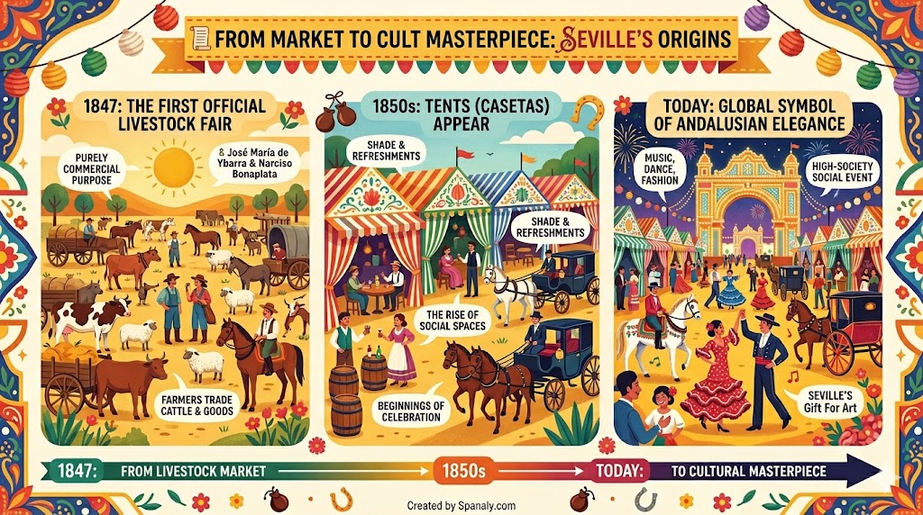Historical evolution infographic of Seville April Fair from its 1847 livestock market origins to a modern Andalusian cultural masterpiece.