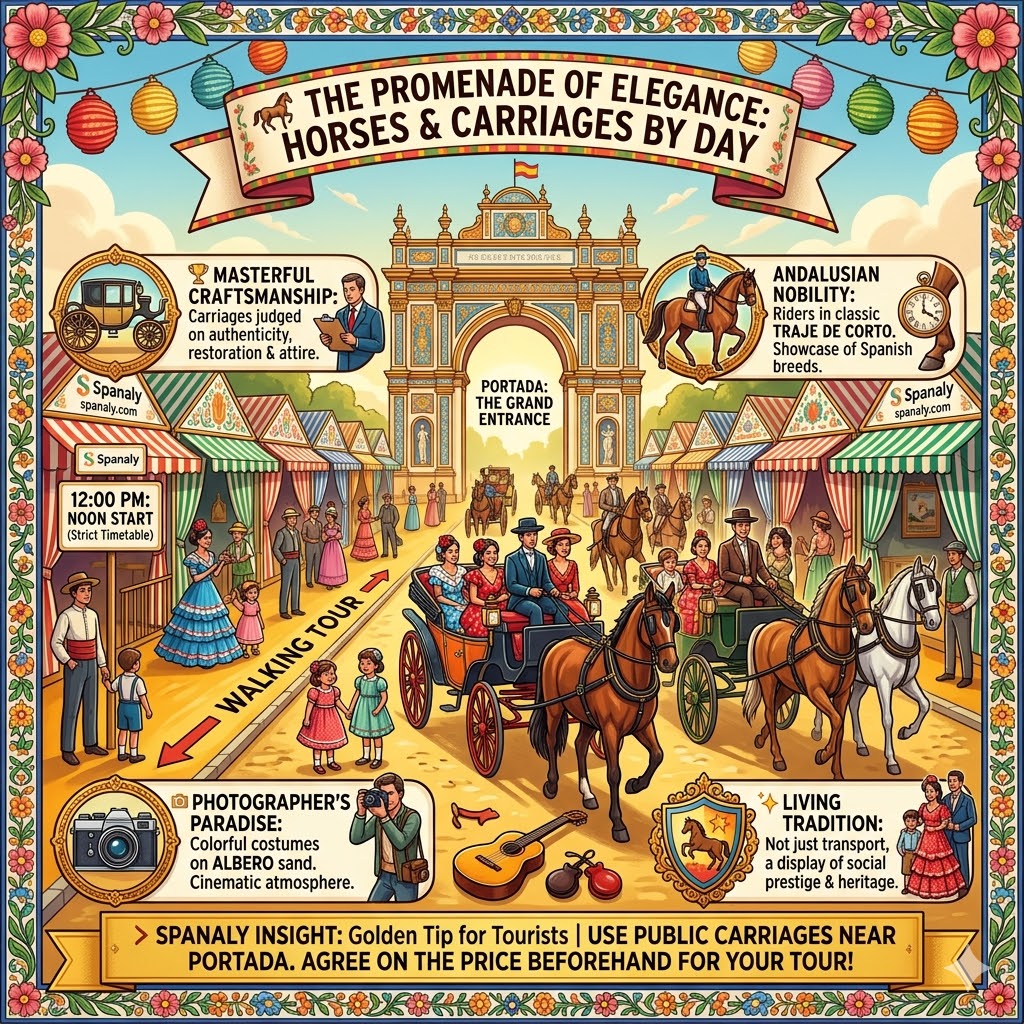 Infographic of Seville's Feria de Abril equestrian parade featuring traditional horse-drawn carriages, riders in Traje de Corto, and the Paseo de Caballos on Albero sand.