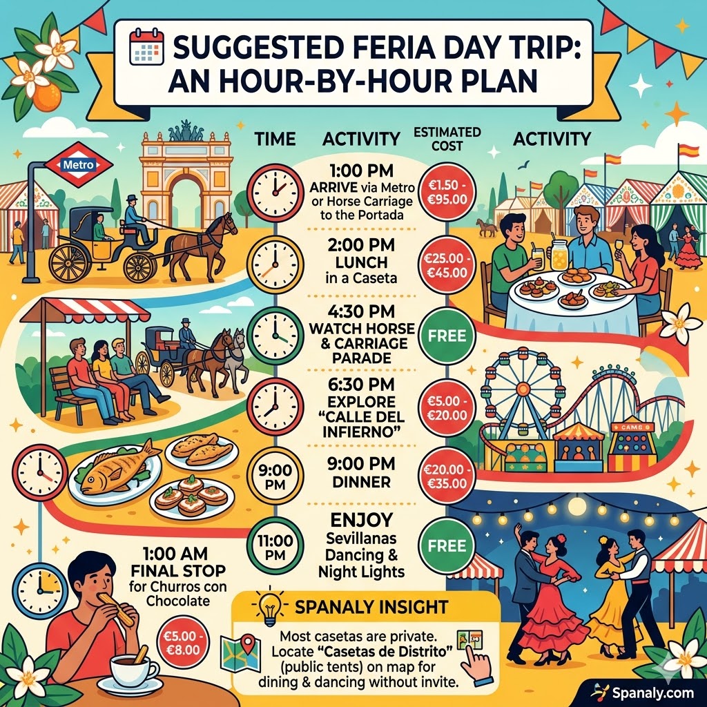 Infographic of a suggested day trip itinerary for Seville April Fair, showing hour-by-hour activities from arrival at the Portada to churros at 1:00 AM, including estimated costs and tips for finding public Casetas de Distrito by Spanaly.com