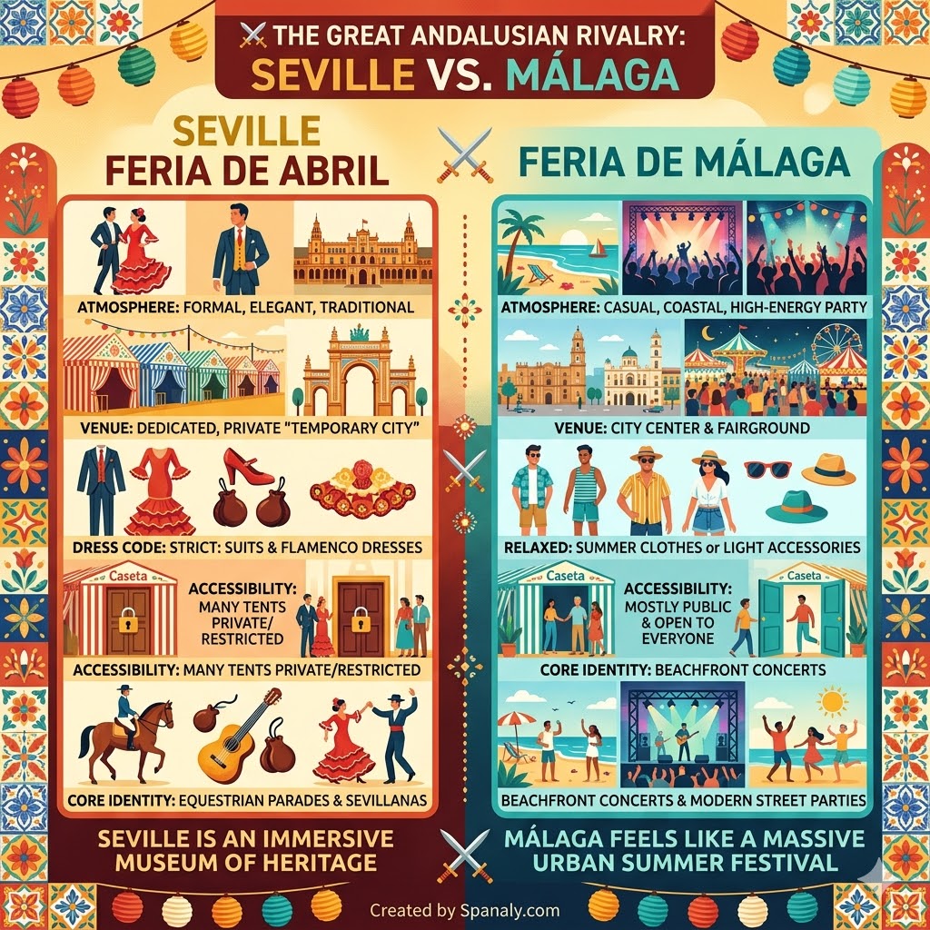 Comparison infographic between Seville April Fair and Malaga Fair highlighting differences in atmosphere, venue, dress code, and accessibility.