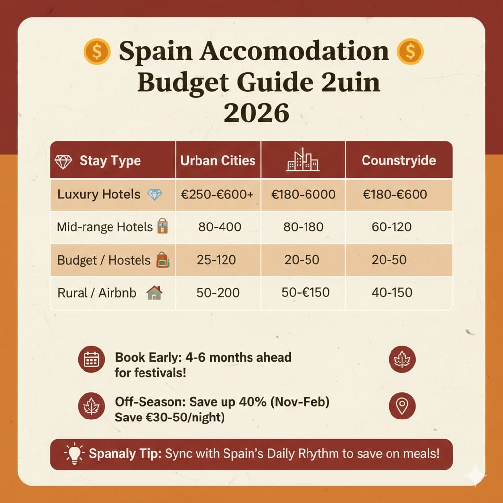 Infographic table showing accommodation prices in Spain for 2026, comparing luxury, mid-range, budget hostels, and rural houses across urban cities and countryside locations, with money-saving travel tips.