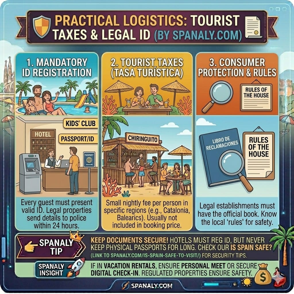 Infographic about practical logistics for staying in Spain featuring mandatory ID registration, tourist taxes in Catalonia and Balearics, and consumer protection tips by Spanaly.com.