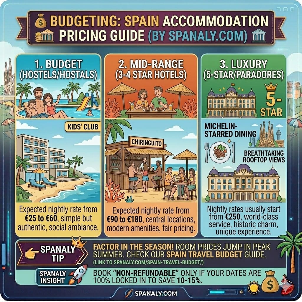 Infographic showing accommodation prices in Spain for budget hostels, mid-range hotels, and luxury Paradores with seasonal pricing tips by Spanaly.com.