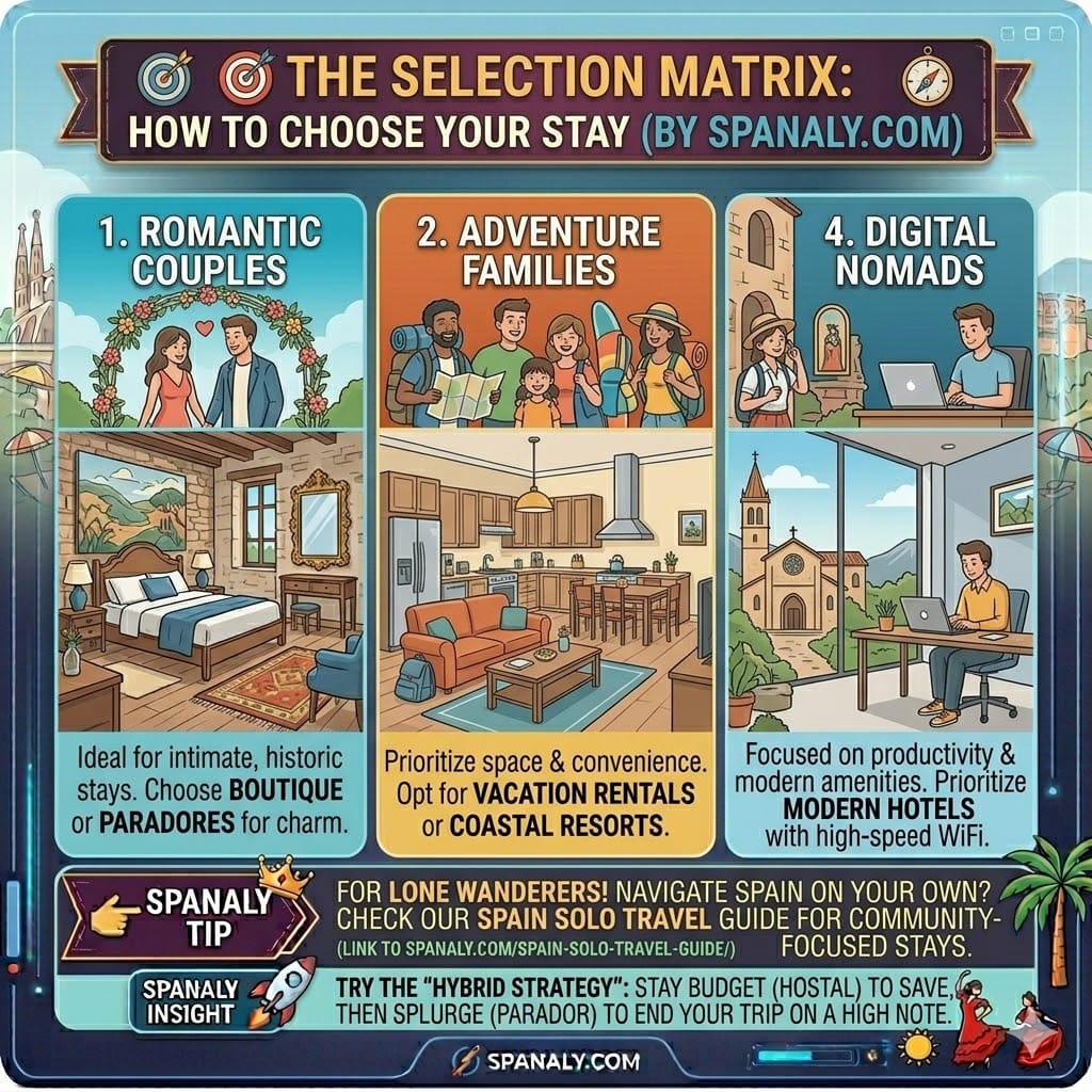 Infographic matrix for choosing accommodation in Spain based on traveler personas including romantic couples, families, culture seekers, and solo travelers by Spanaly.com.