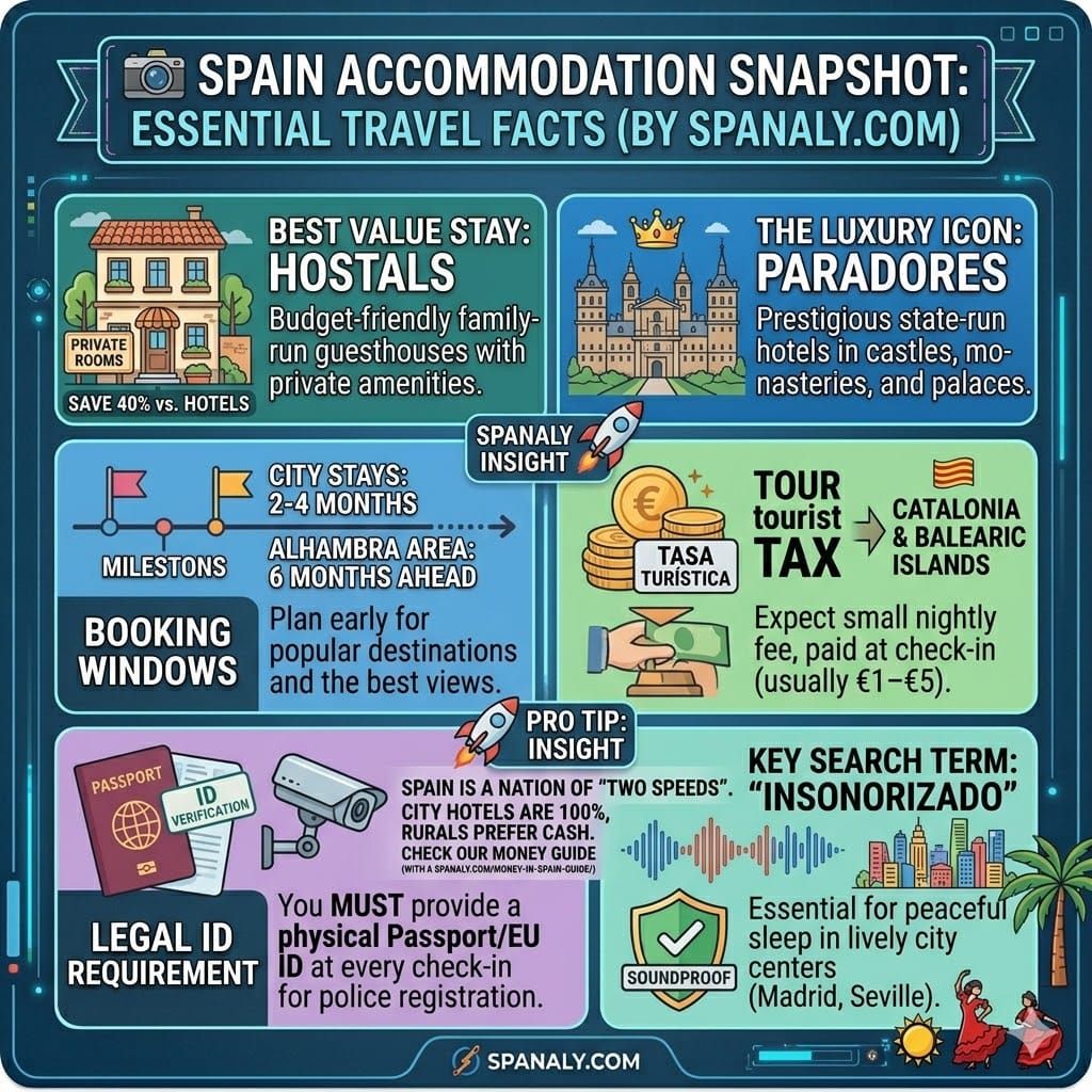 Infographic snapshot of essential Spain accommodation facts featuring Paradores, Hostals, booking windows, and tourist tax guide by Spanaly.com.