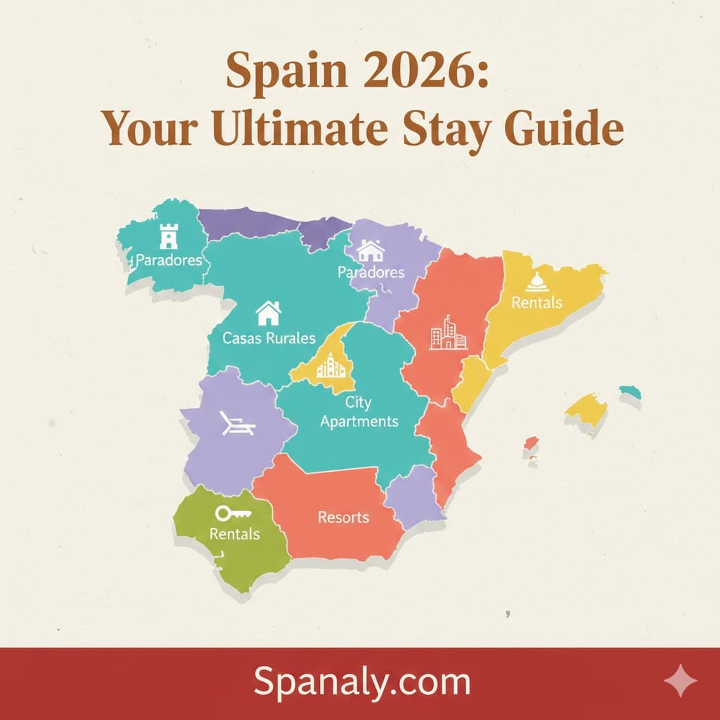 A colorful and vibrant map of Spain for 2026, illustrating different accommodation types: Paradores in the north, Casas Rurales in the center, City Apartments in Madrid and Barcelona, and Beach Resorts in the south. Header reads 'Spain 2026: Your Ultimate Stay Guide' with Spanaly.com branding.