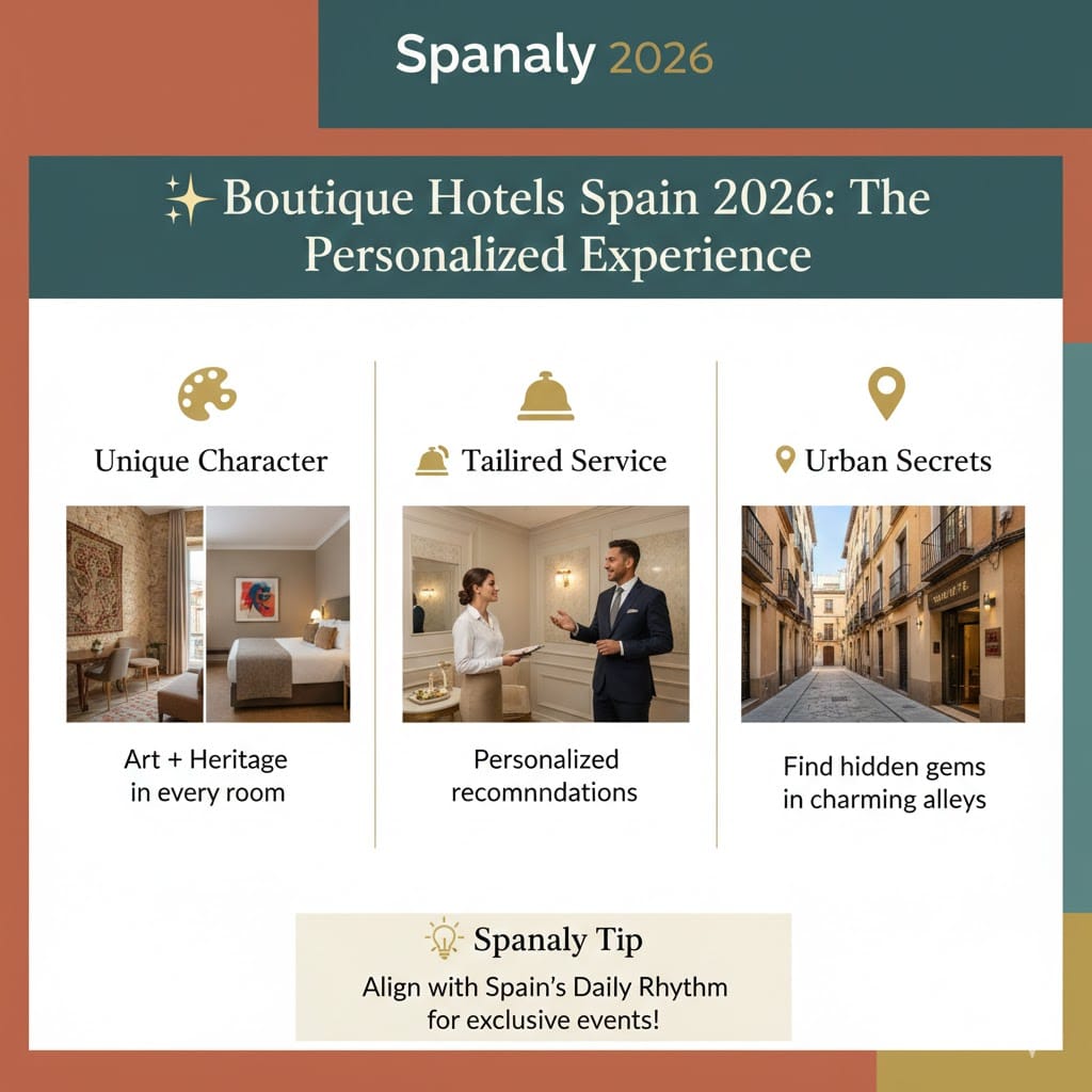 Infographic about Boutique Hotels in Spain for 2026, showcasing unique art-filled rooms, personalized concierge service, and hidden gem hotels in historic Spanish alleys.
