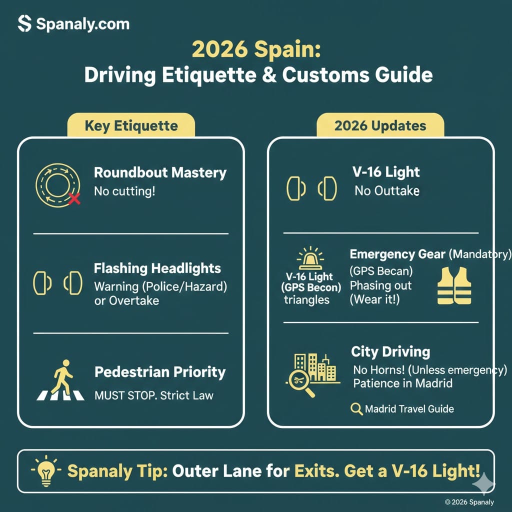 A 2026 Spanish driving etiquette guide illustrating roundabout rules, pedestrian priority, and the mandatory V-16 emergency light beacon that replaces traditional triangles.