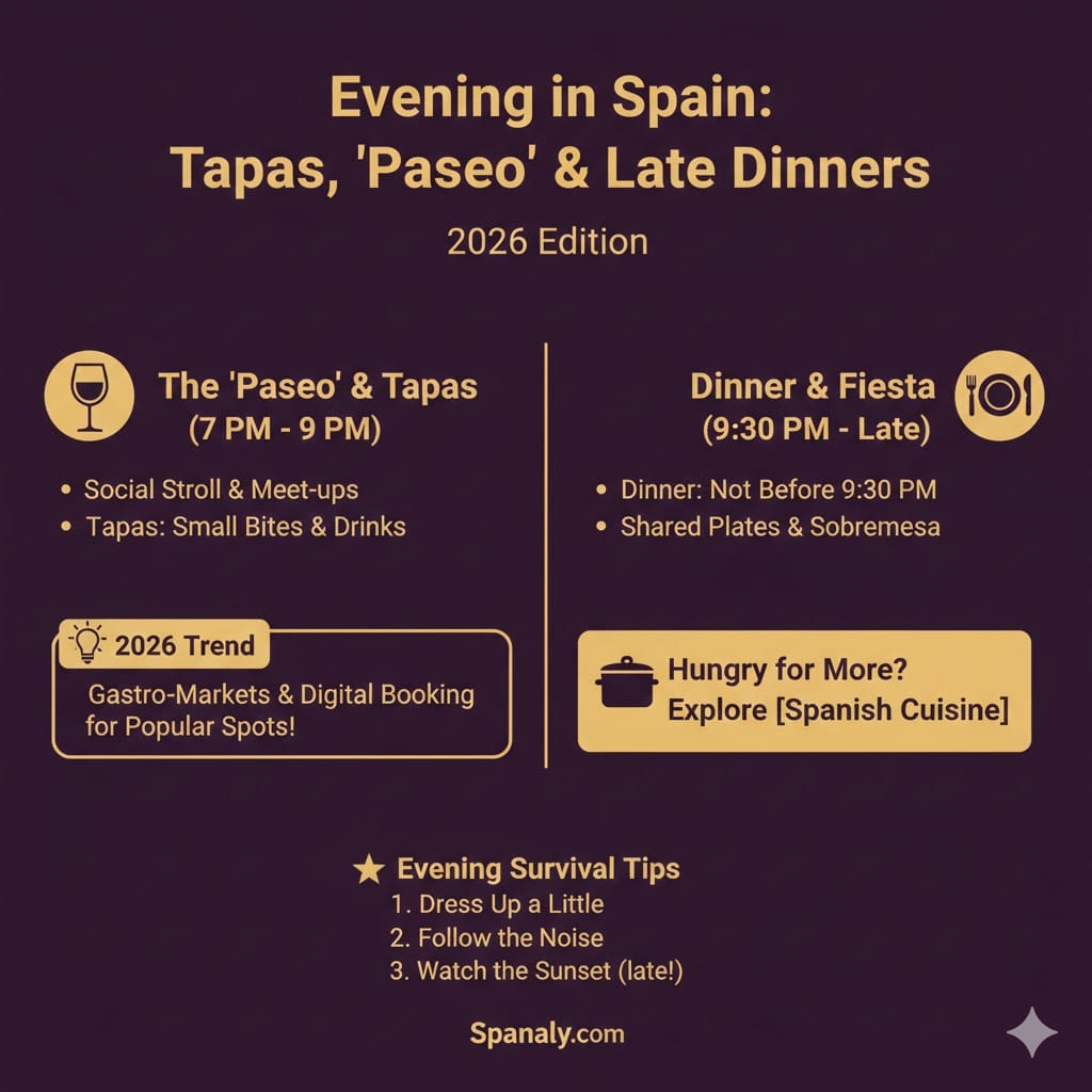 An elegant evening infographic for Spain in 2026, detailing the 'Paseo' social stroll (7 PM - 9 PM), late-night dinner etiquette (9:30 PM), and the trend of Gastro-Markets and digital bookings for tapas.