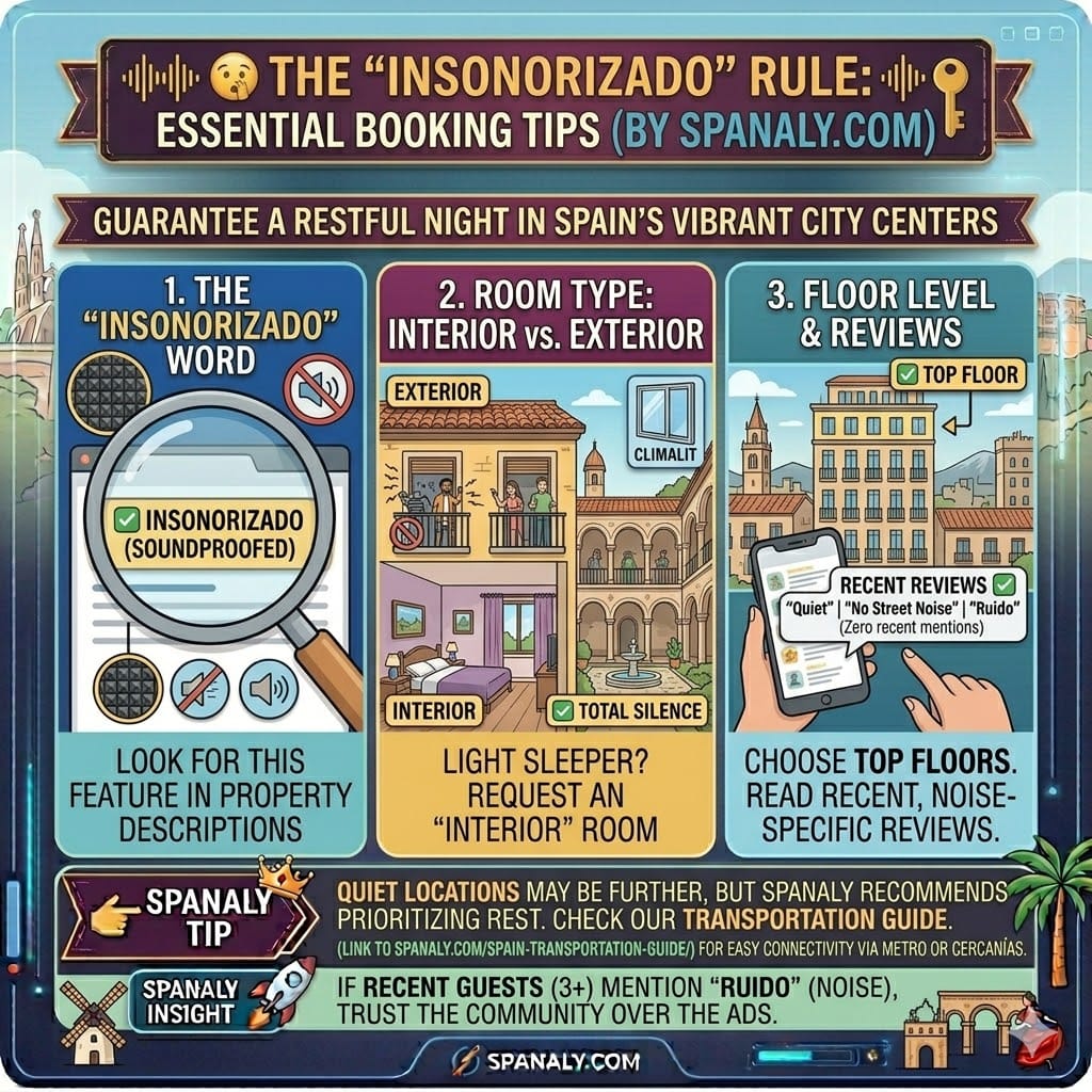 Infographic explaining the insonorizado rule in Spanish hotels, featuring tips on soundproofing, interior rooms vs exterior rooms, and noise-specific review checking by Spanaly.com.