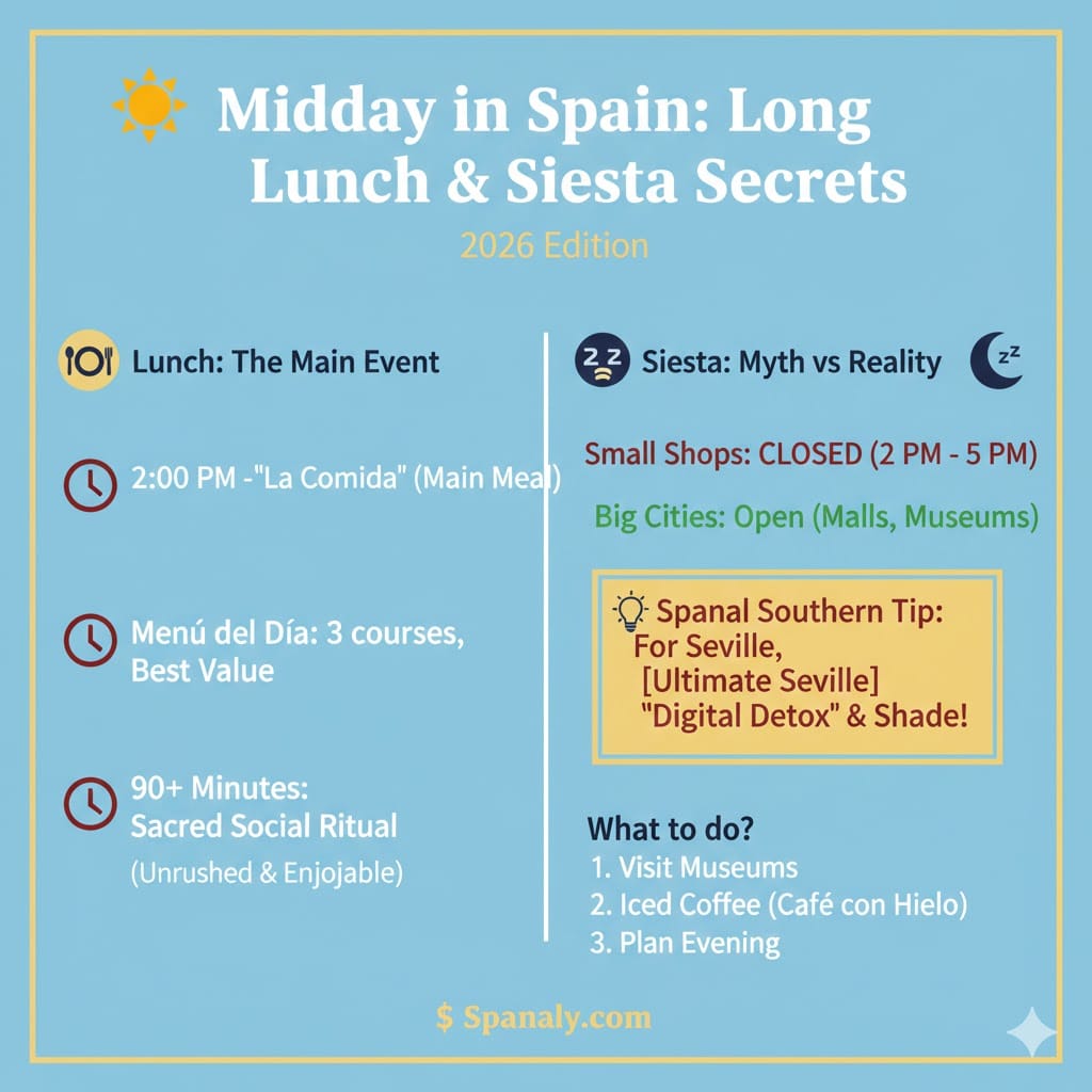 A colorful infographic explaining Spain's midday schedule in 2026, featuring details on the 3-course Menú del Día, Siesta closing times for small shops (2 PM - 5 PM), and tips for visiting Seville.