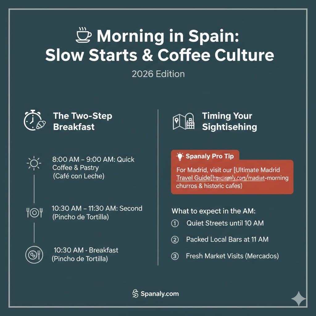 An infographic guide to the Spanish morning routine in 2026, showing the two-step breakfast tradition (8:00 AM Coffee and 10:30 AM Pincho de Tortilla), sightseeing tips for Madrid, and local market timing.