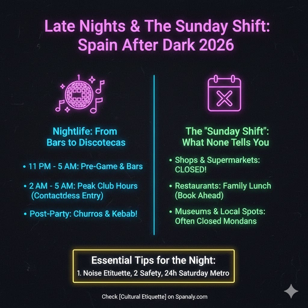 A neon-style infographic for Spain in 2026, comparing the late-night clubbing schedule (2 AM - 5 AM) with the 'Sunday Shift' showing closed shops and supermarkets, plus essential nightlife safety and transport tips.