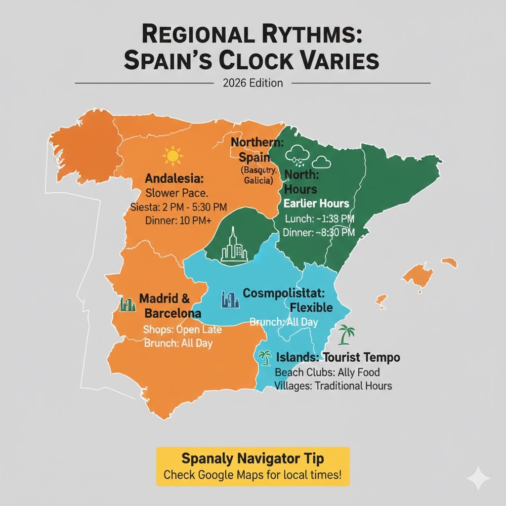 A regional map of Spain in 2026 showing different daily rhythms: Southern Spain (slower pace, late dinner), Northern Spain (earlier hours), and Madrid/Barcelona (flexible cosmopolitan schedule).