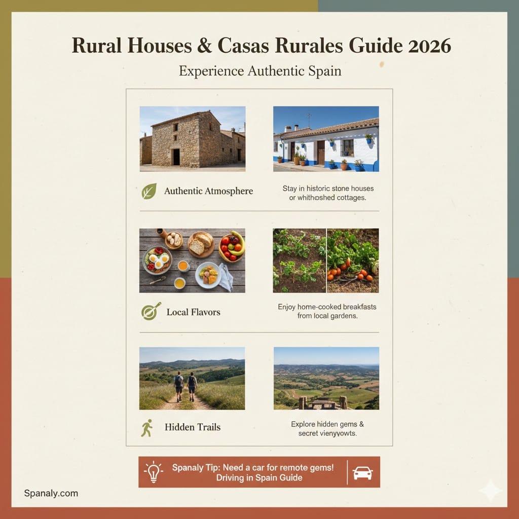 Infographic about Rural Houses in Spain (Casas Rurales) featuring stone houses, local breakfasts, and hiking trails in the Spanish countryside with travel tips for 2026.
