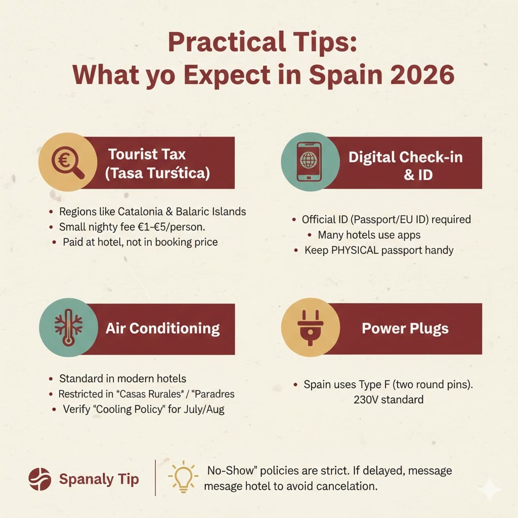 Infographic showing practical accommodation tips for Spain in 2026, covering tourist taxes, digital check-in requirements, air conditioning facts in historic buildings, and power plug standards.