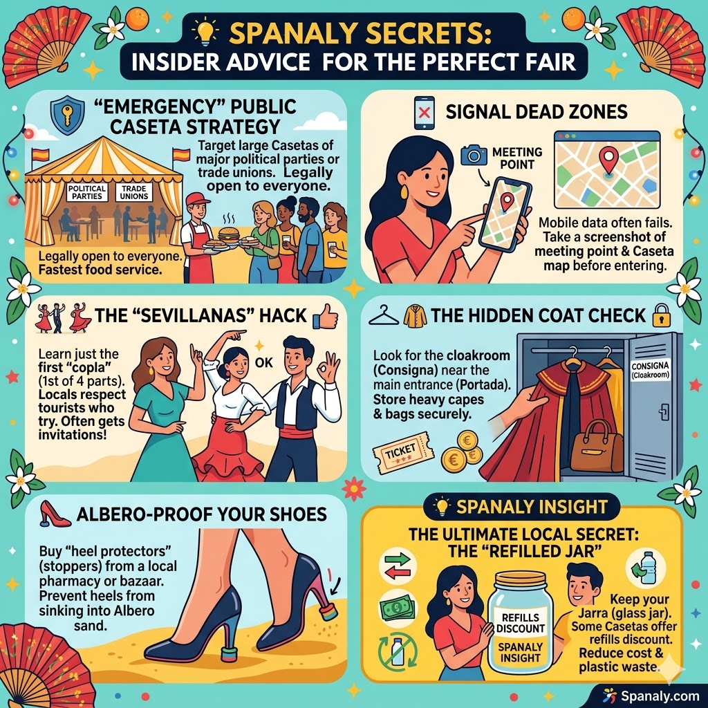 Infographic showing insider advice for Seville April Fair, including strategies for finding public casetas, managing mobile signal dead zones, the Sevillanas dance hack, using the Portada cloakroom, and heel protectors for Albero sand by Spanaly.com