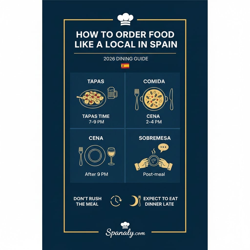 An infographic explaining Spanish dining culture and mealtimes in 2026, featuring Tapas Time (7-9 PM), Comida (2-4 PM), Cena (After 9 PM), and the Sobremesa tradition.