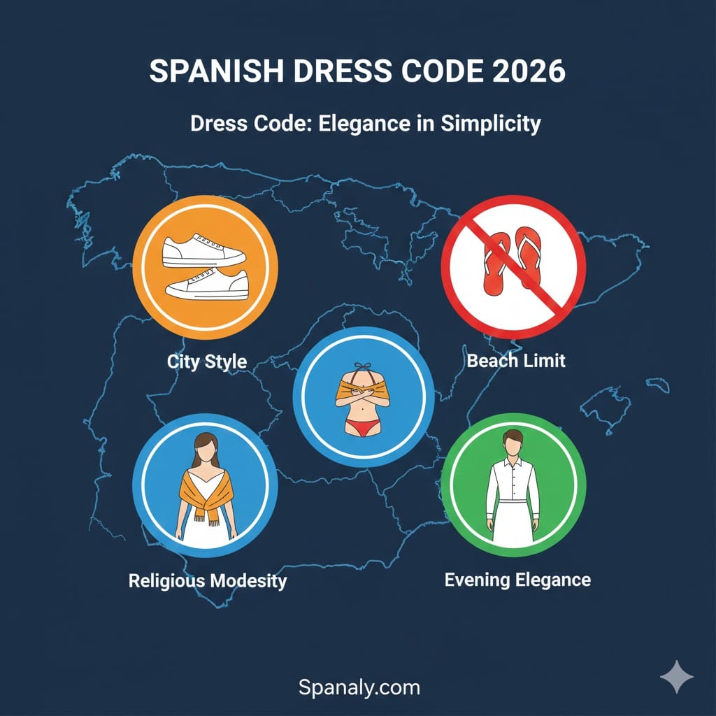 Infographic showing Spanish dress code for 2026: city style sneakers, no flip-flops in cities (beach limit), religious modesty for cathedrals, and evening elegance for dining by Spanaly.com.