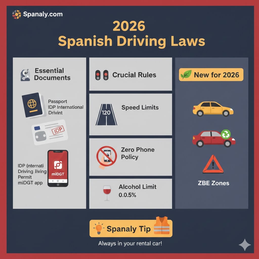 A 2026 infographic of Spanish driving laws, showing essential documents like IDP and miDGT app, speed limits, alcohol limits, and the new ZBE environmental zones for tourists.