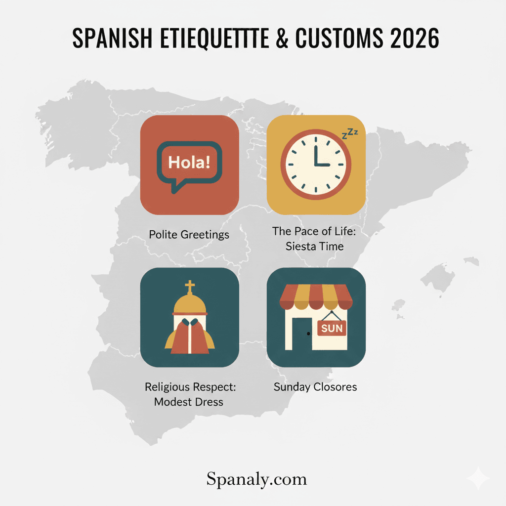 A professional 2026 travel infographic for Spanaly.com titled SPANISH ETIQUETTE & CUSTOMS 2026. It features icons for Polite Greetings (Hola!), Siesta Time (The Pace of Life), Modest Dress for Religious Respect, and Sunday Closures. Warm terracotta and gold tones with a map of Spain background.