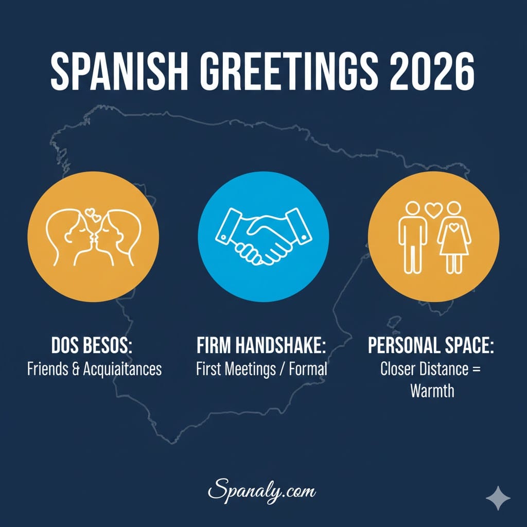 Infographic of Spanish greeting etiquette for 2026, illustrating the dos besos rule for friends, firm handshakes for formal meetings, and the cultural meaning of personal space by Spanaly.com.