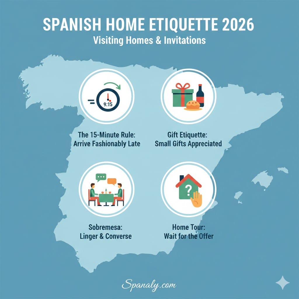 Infographic of Spanish home visit etiquette in 2026, featuring the 15-minute arrival rule, gift ideas, the Sobremesa tradition, and home tour etiquette by Spanaly.com.
