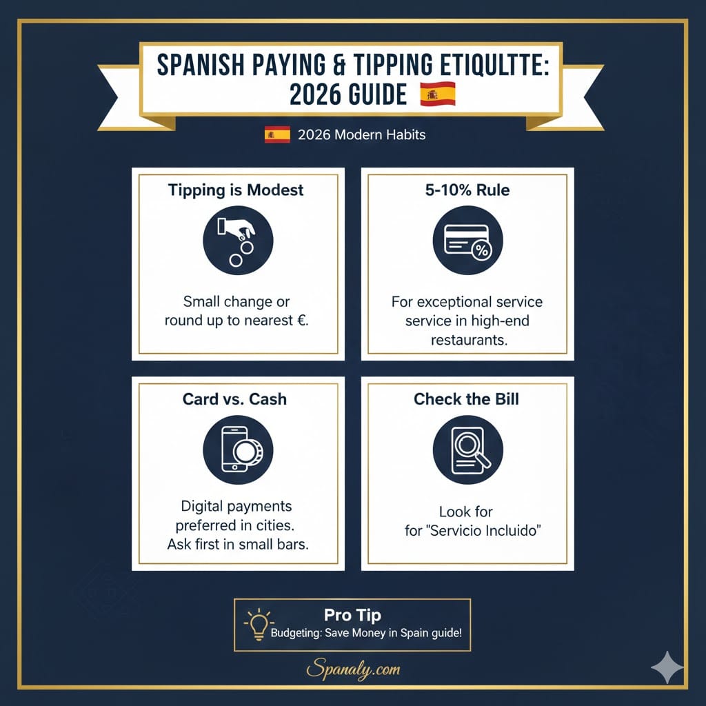 An infographic guide to paying and tipping in Spain for 2026, featuring the modest tipping culture, the 5-10% rule for fine dining, card vs cash advice, and checking for service charges.