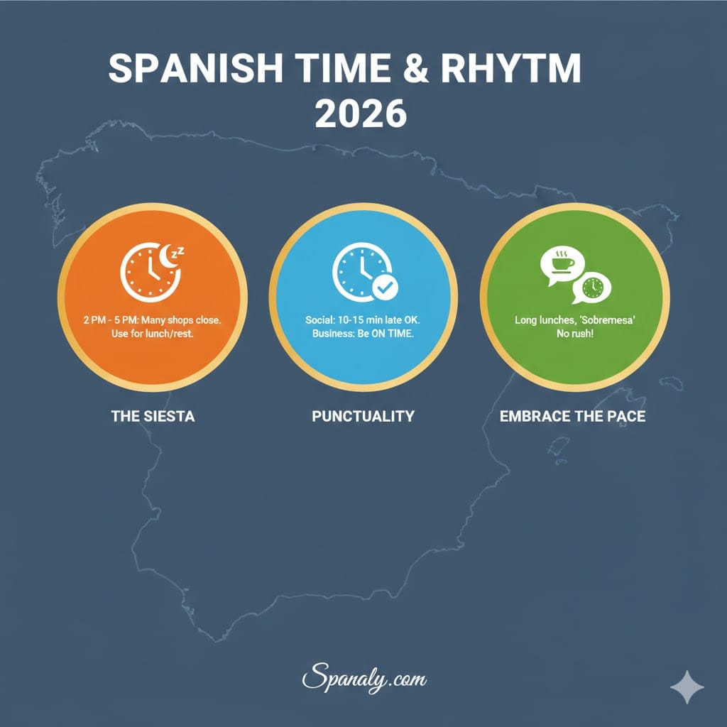Infographic about Spanish time and rhythm in 2026, explaining the Siesta hours (2 PM - 5 PM), social punctuality norms, and the cultural art of slow dining by Spanaly.com.
