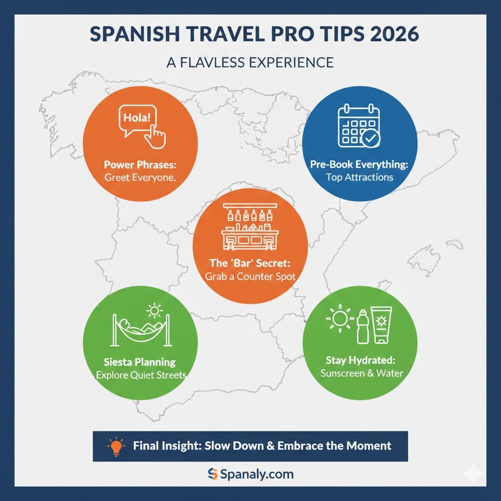 Infographic of expert Spanish travel tips for 2026, including power phrases, pre-booking attractions, Tapas bar etiquette, Siesta planning, and hydration advice by Spanaly.com.