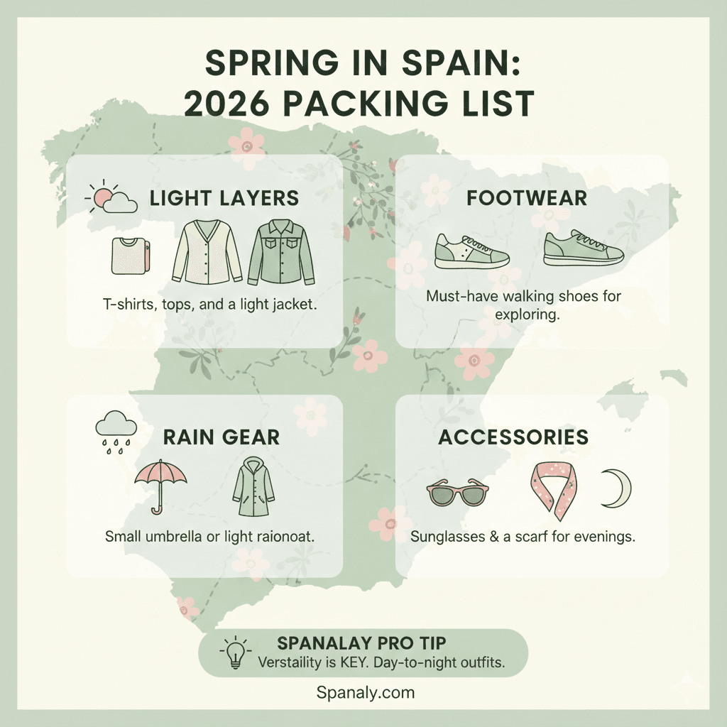 SEO-optimized infographic for Spain spring packing in 2026, detailing light layers, comfortable walking shoes, rain gear, and essential accessories like sunglasses and scarves for mild weather.