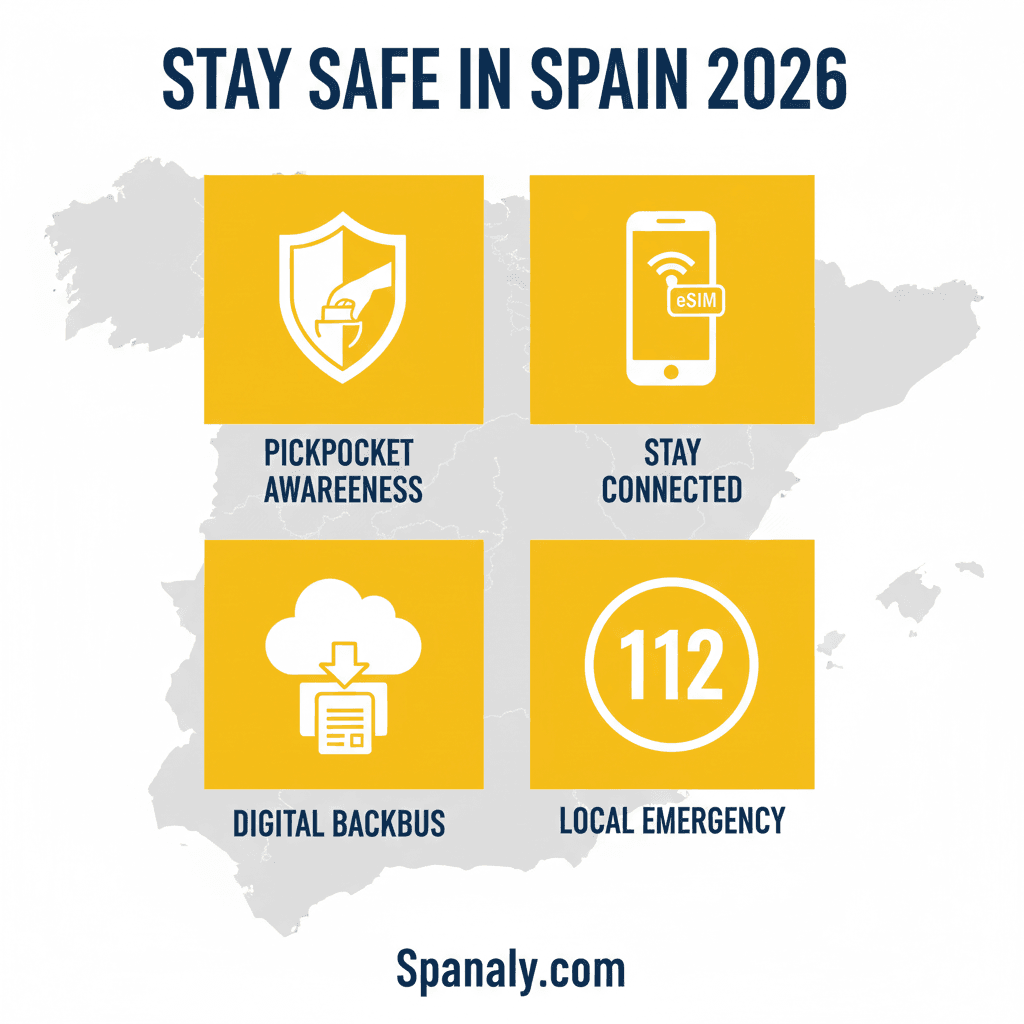 A high-contrast safety infographic for Spain 2026 by Spanaly.com. It highlights pickpocket awareness, eSIM connectivity, digital backups, and the 112 emergency number using bold yellow icons on a gray map of Spain.