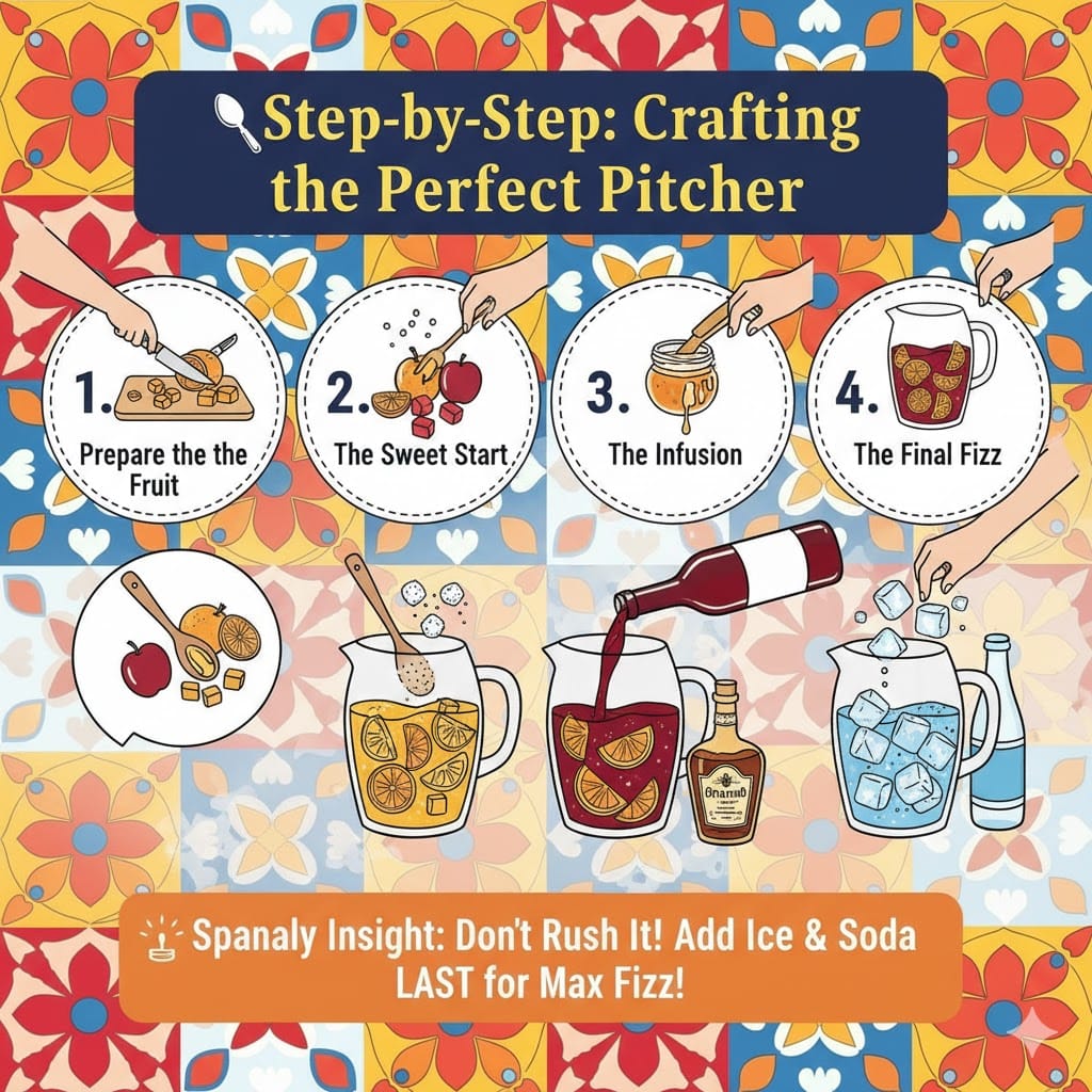 A colorful step-by-step infographic on how to make Spanish Sangria. Featuring 4 stages: preparing fruit, adding sugar, infusing wine and brandy, and finishing with ice and soda, set against a vibrant Spanish tile background.