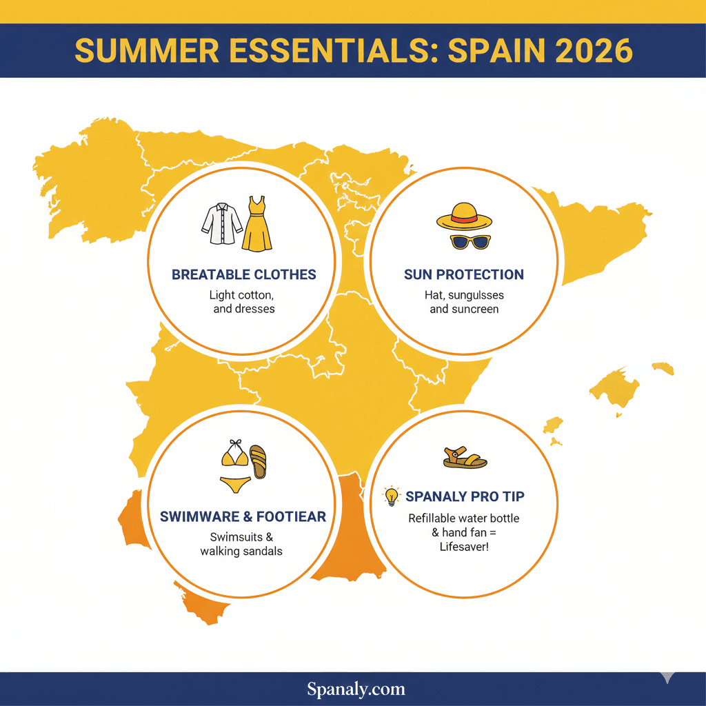 A high-quality 2026 travel infographic for summer in Spain, featuring essentials like breathable cotton clothing, sun protection, swimwear, and walking sandals, with a Spanaly pro tip for staying cool.