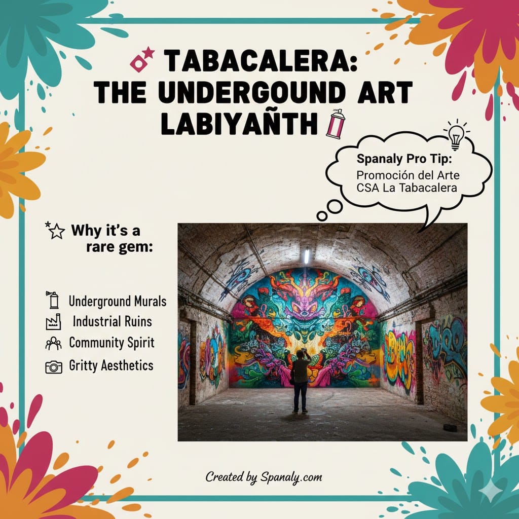 A colorful infographic about Tabacalera in Madrid, showcasing its underground murals, industrial ruins, and alternative art scene with Spanaly.com tips.