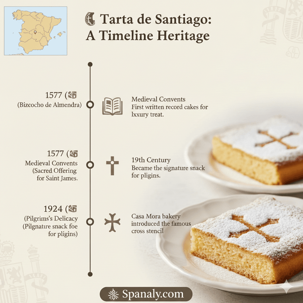 Infographic of Tarta de Santiago history timeline from 1577 to 1924, featuring Galicia's almond cake heritage and the Cross of Saint James by Spanaly.com.
