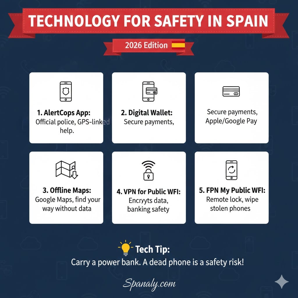 An infographic guide to 2026 travel safety technology in Spain, featuring AlertCops app, digital wallets, offline maps, VPN for public Wi-Fi, and remote device locking.