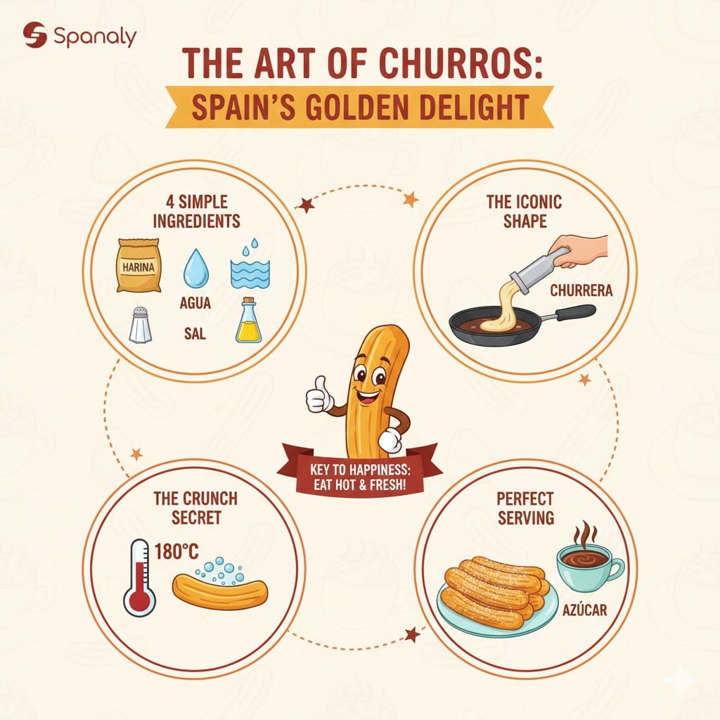 A colorful and cheerful infographic titled 'The Art of Churros: Spain's Golden Delight' featuring Spanaly branding. It illustrates the 4 simple ingredients (flour, water, salt, oil), the star-shaped 'churrera' nozzle, the 180°C crunch secret with surface bubbles, and the perfect serving with sugar and hot chocolate.