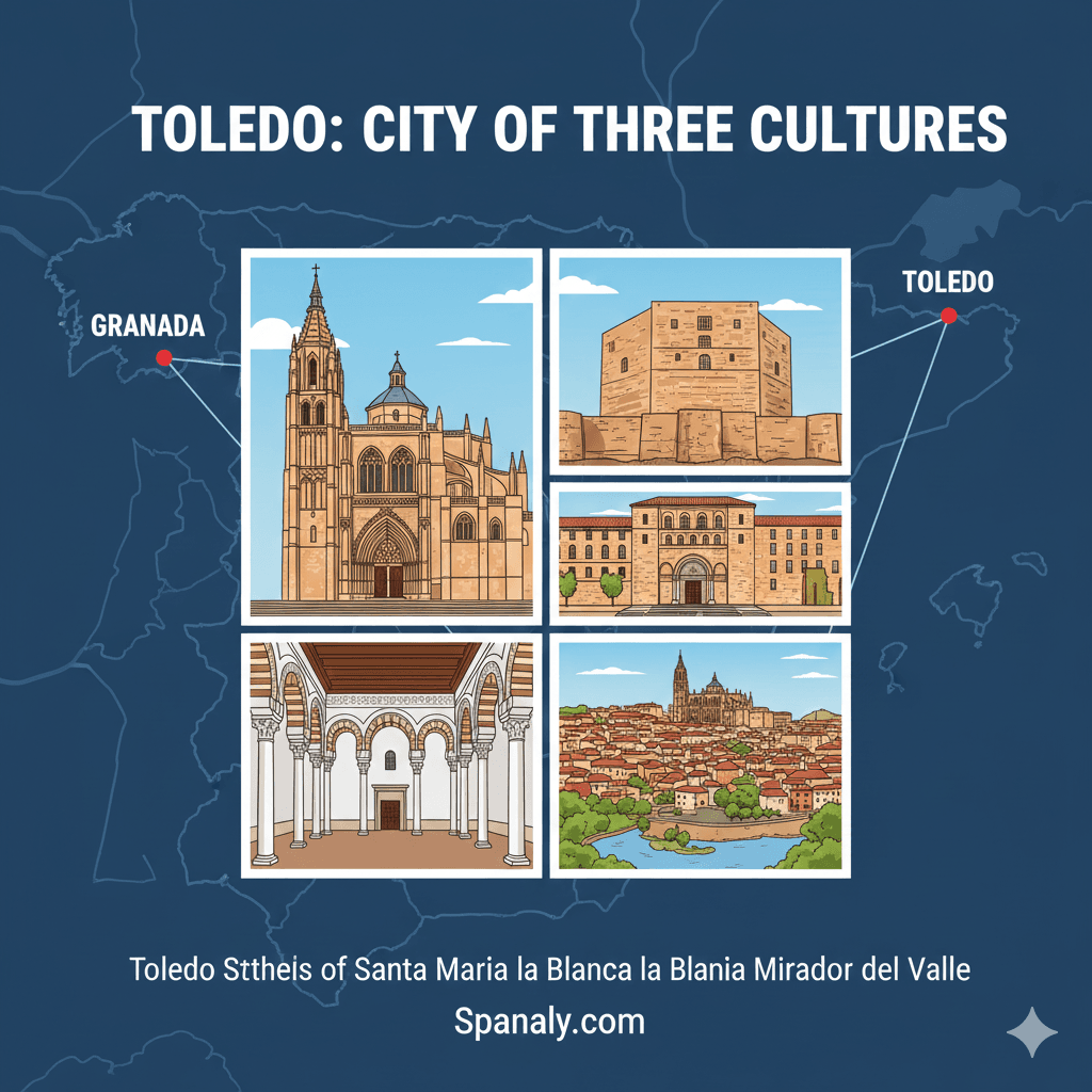 Toledo Spain top attractions featuring the Gothic Cathedral and Alcazar fortress with a map and city guide by Spanaly.com