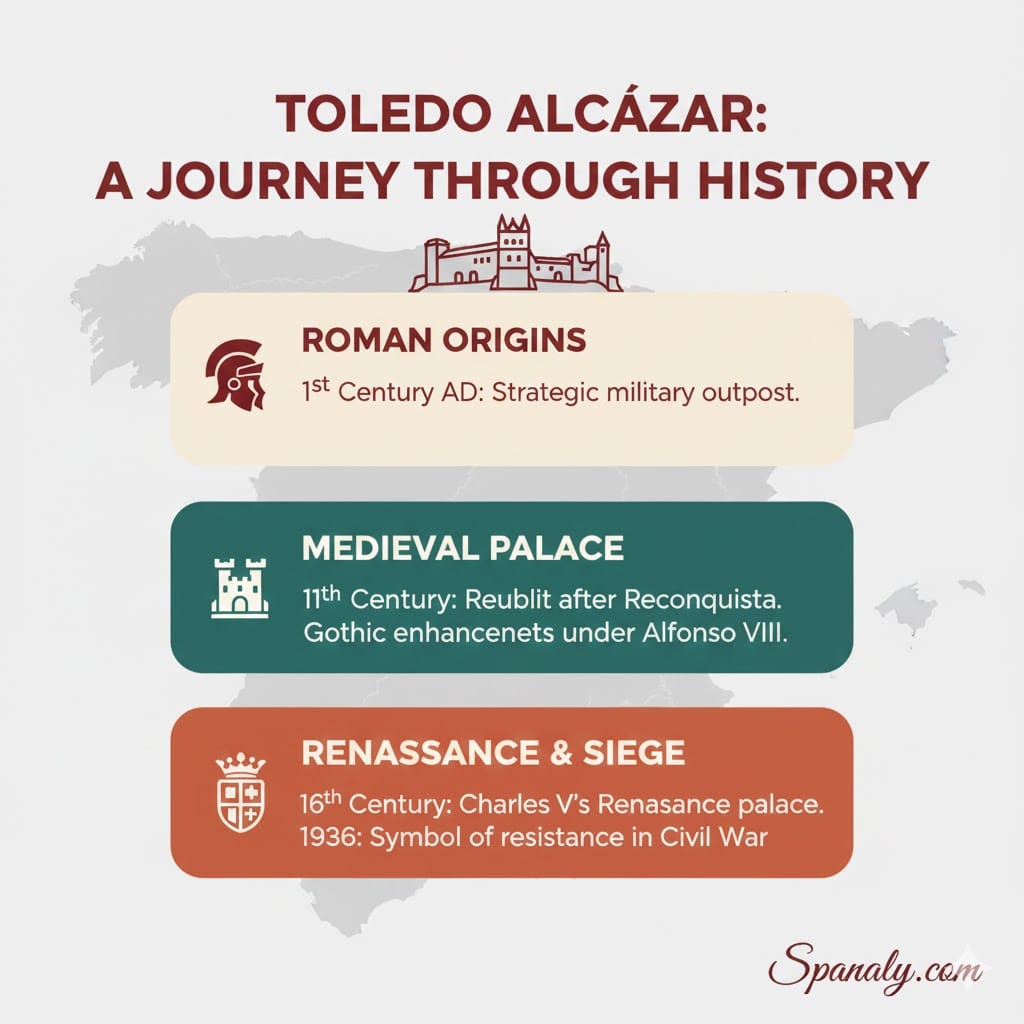 A detailed history infographic of the Toledo Alcázar featuring a background map of Spain. It highlights the Roman origins, medieval enhancements, and the 1936 siege in clear high-contrast boxes, designed for Spanaly.