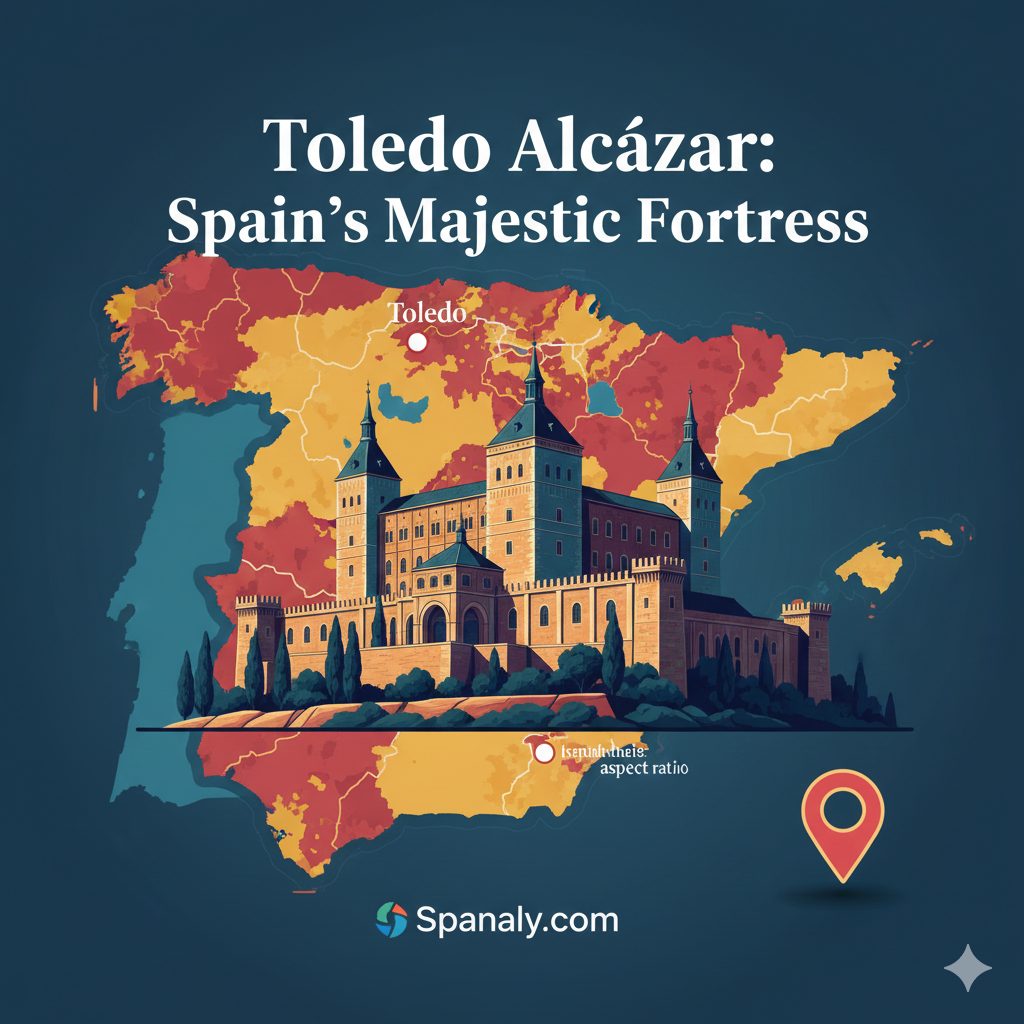 High-quality creative illustration of the Alcázar of Toledo fortress on a map of Spain, highlighting Spanish military history with Spanaly.com