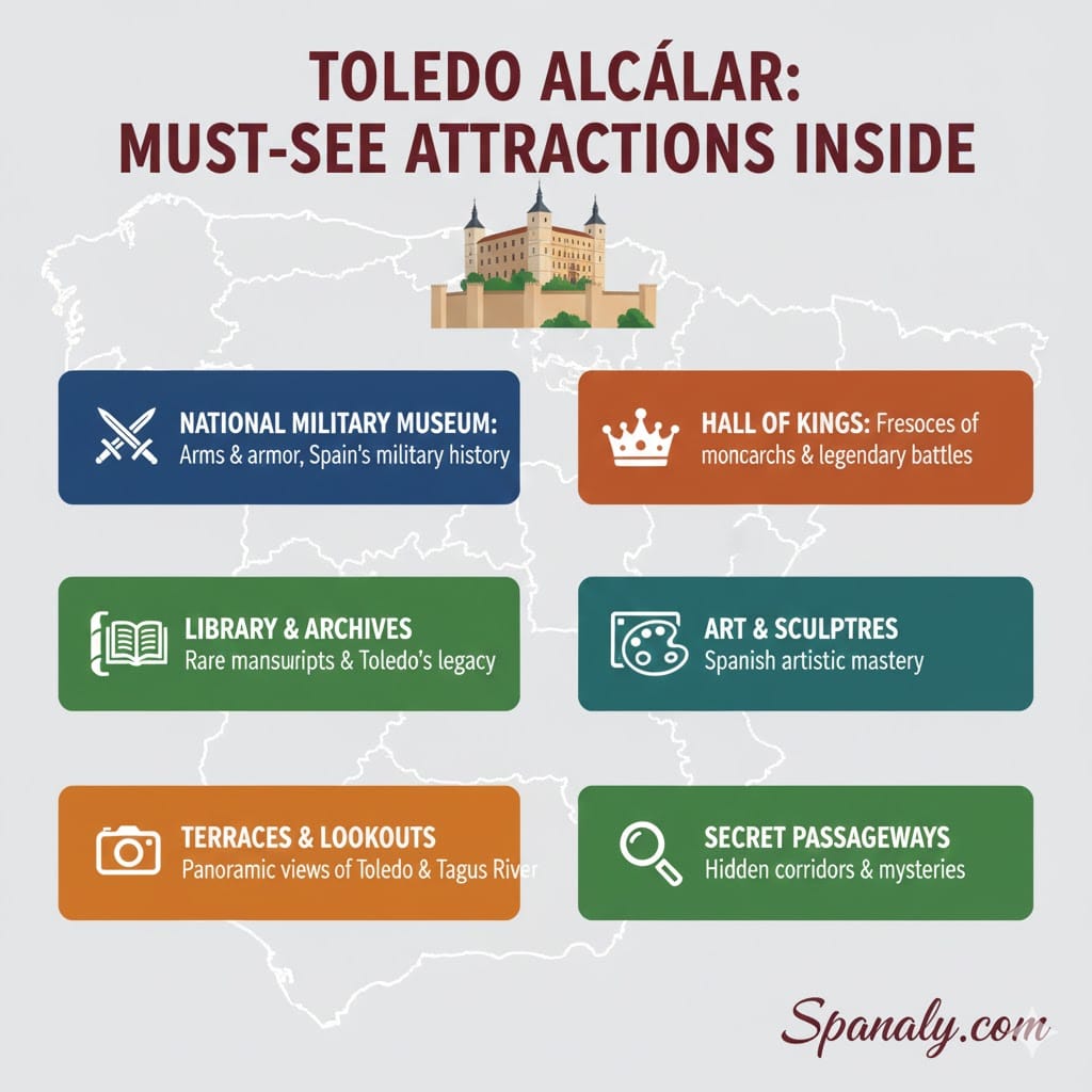 A high-quality infographic showcasing the must-see attractions inside the Toledo Alcázar, including the Military Museum and Hall of Kings, featuring a background map of Spain and the Spanaly logo